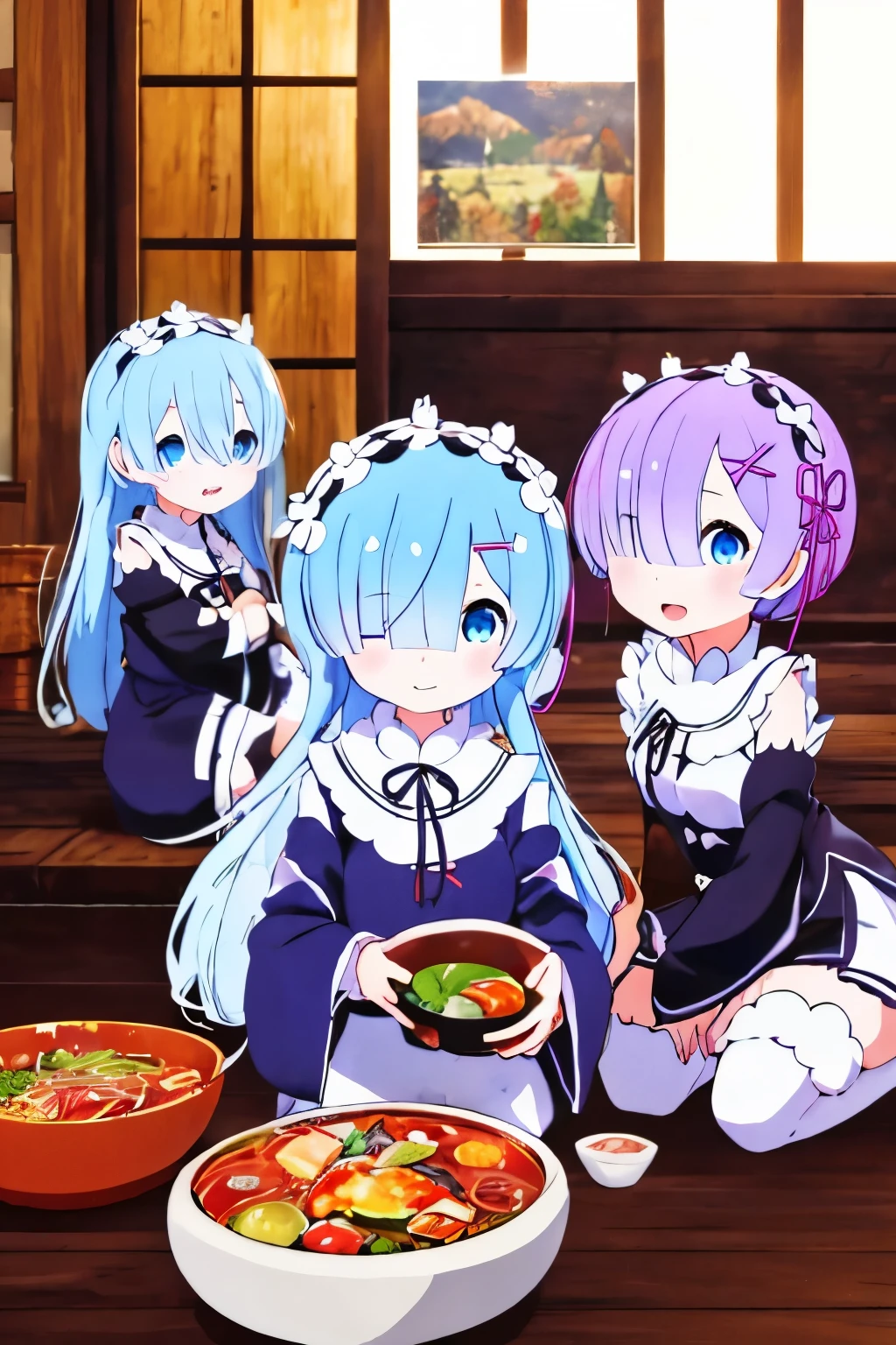 High quality, three girls, Rem and Ram from Rizero, glowing red eyes, kotatsu in winter, eating a pot full of vegetables, hot pot party, kimchi pot, noodles in the nabe, gentle smile, closed mouth smile, five fingers, hands on knees, closed mouth smile, blue eyes, glowing eyes.