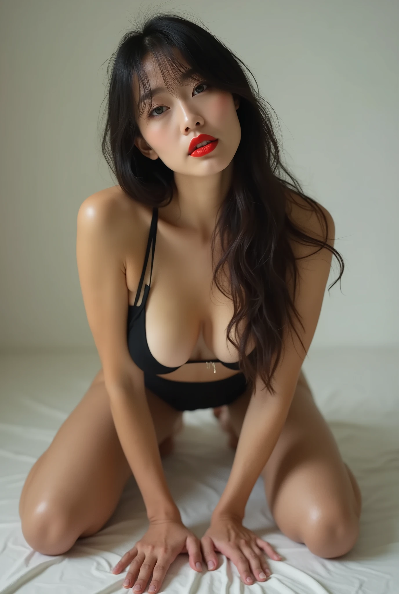 Stunningly beautiful dark haired very slim curvaceous totally nude woman  lies on a bed extended on her back, head tilted back, her back arched very much, legs raised in welcome