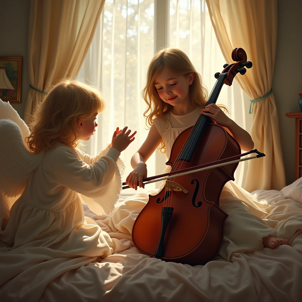 in a room with a window, an angel boy is playing the harp and another angel boy is leaning over the cradle