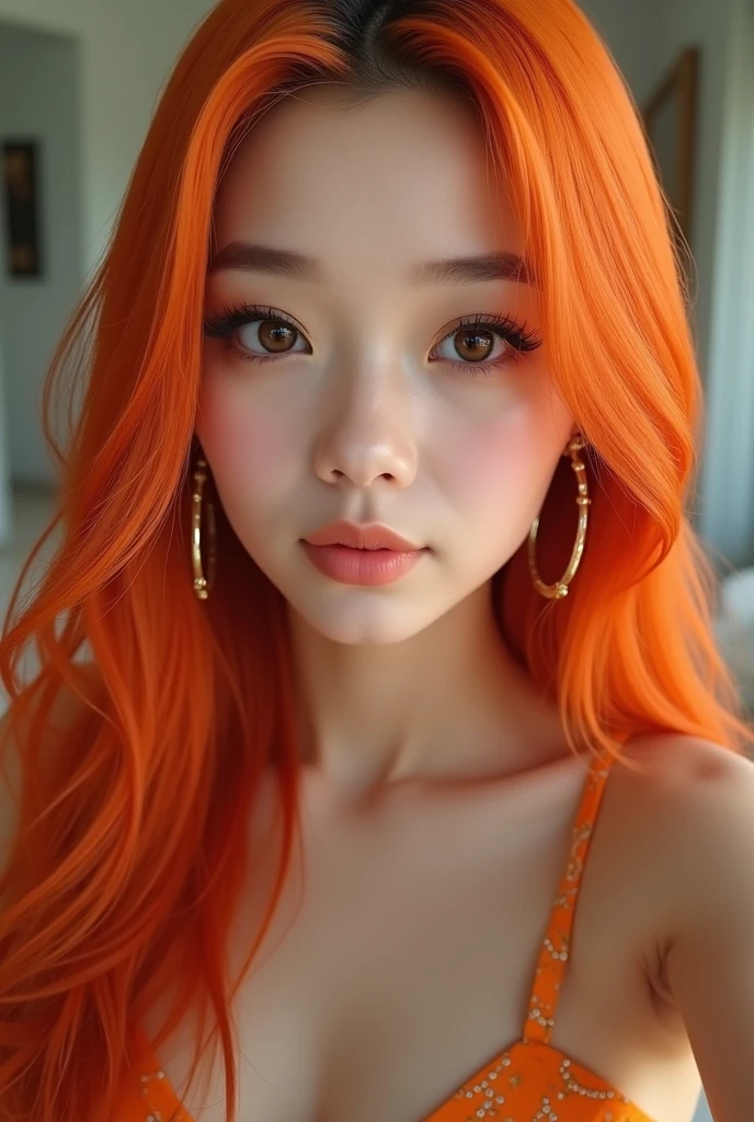 Half naked ginger woman, bright orange and blonde ginger hair, green and yellow eyes, extremely close headshot, extremely long and curly ginger hair, laying on a white bed, abegao face, orgasm face,