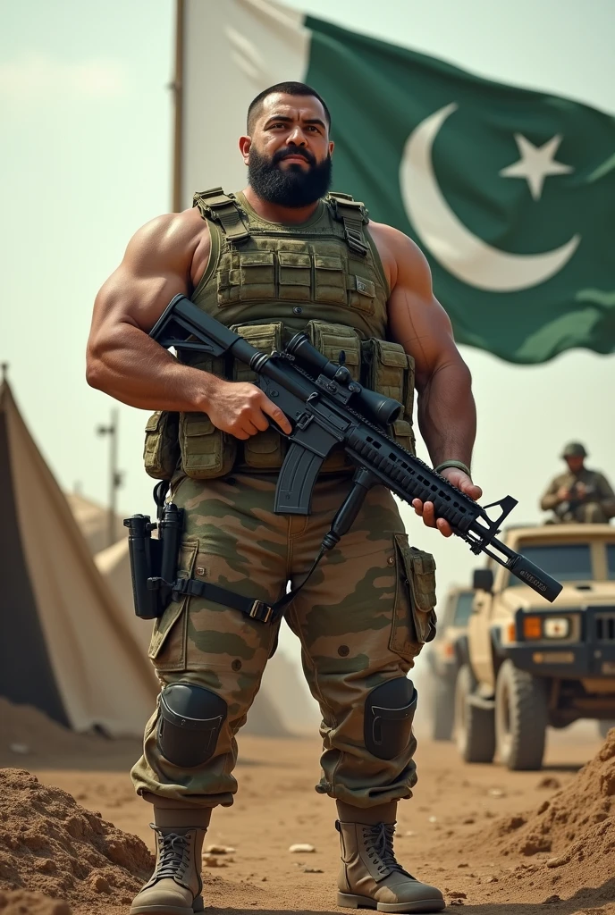 shirtless Japanese beefy strong hunk MMA athlete, short hair, stubble, in army green brief, upset face, kneeling down at a village square of Afghanistan, surrounded by armed Taliban soldiers, barefoot, attractive beefy man, very hairy bodies, hairy chest