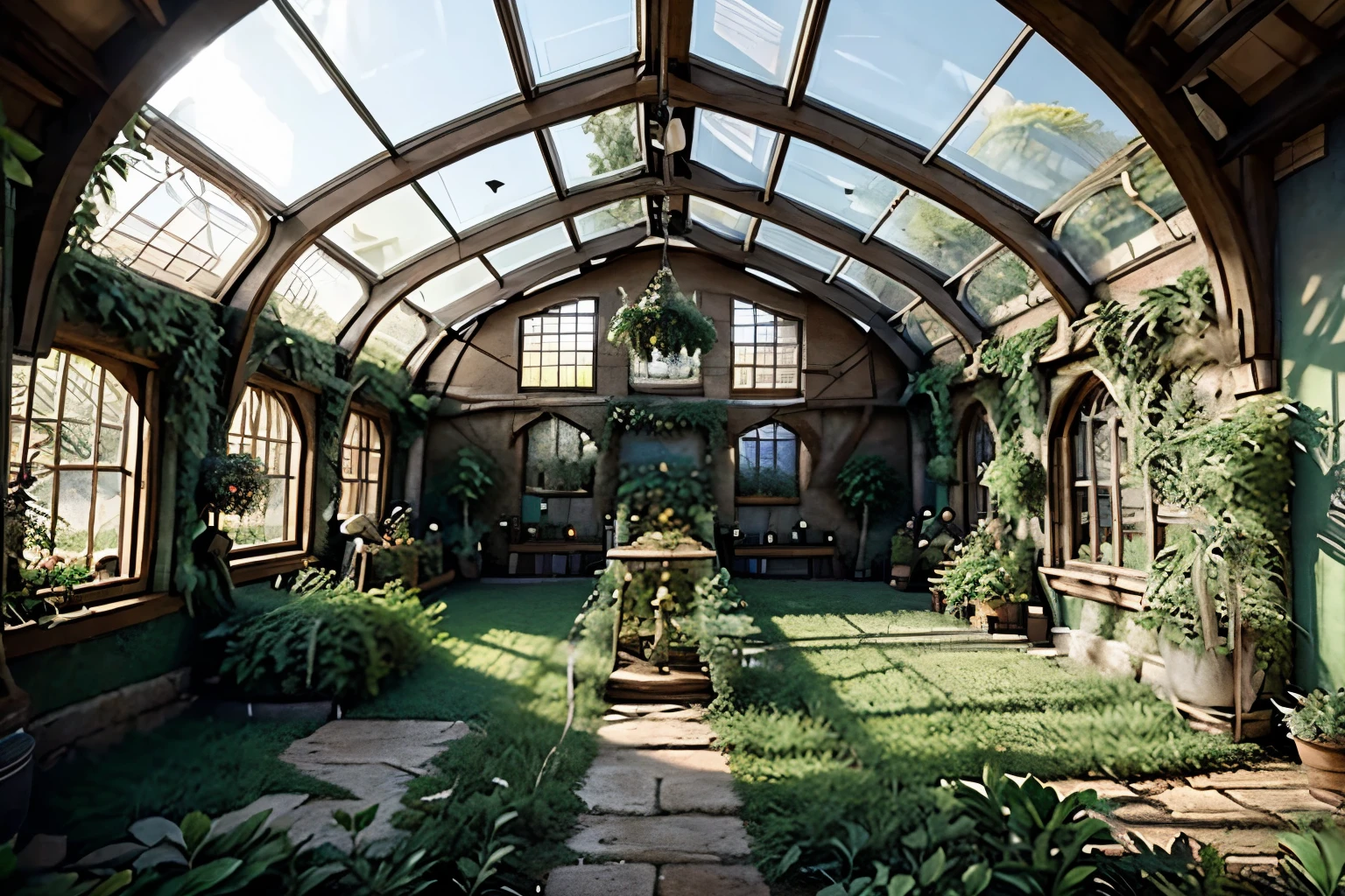 A medieval greenhouse // interior // full of plants // lush // daylight