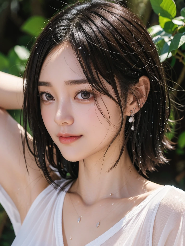 (highest quality、High resolution、masterpiece:1.3)、tall and cute woman、big and full breasts、loose wavy dark brown hair、brain out、necklace、white bikini、(background coast)、Precisely expresses details such as face and skin texture、detailed eye、double eyelid、light smile、whole body、short cut hair、Upper body