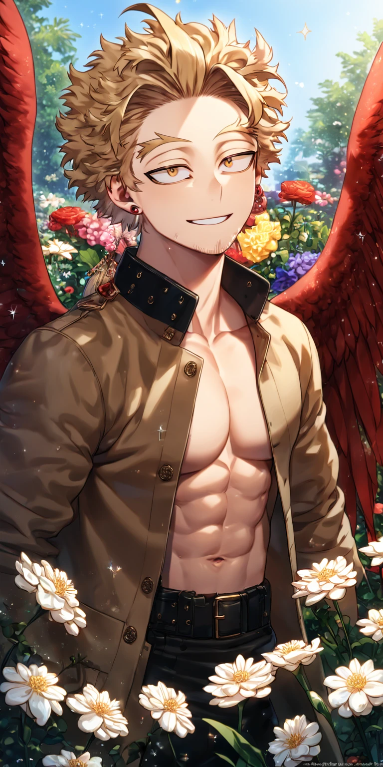 absurdres, highres, ultra detailed, HDR, master piece, best quality, extremely detailed face, delicated features, Hawks, ash-brown hair, expressive brown eyes, Boku No Hero Academia, solo, sexy man, handsome, faint stubble, smiling, bare chest, fantasy, magical, butterflies, summer, green leaves, flowers, water