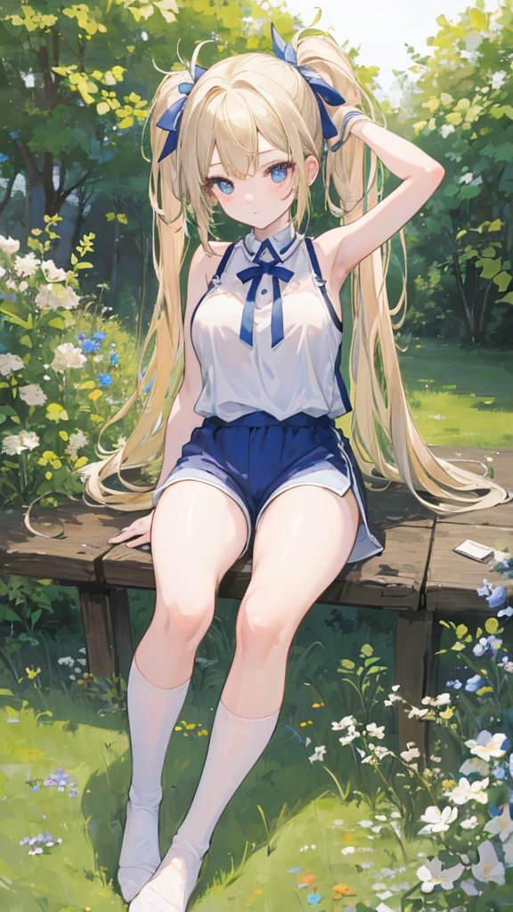 Blonde, , green eyes, long hair , elementary school student, 9 years old, 135cm tall, blue sky, hair hanging outsse，(bottomless:1.5)，flat chest ，pussy are visible