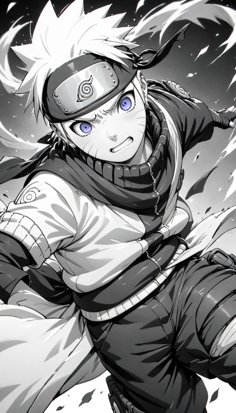 monochrome, pencil drawing, Ninja Naruto, action effects, BREAK ultra detailed, absolutely resolution, best quality