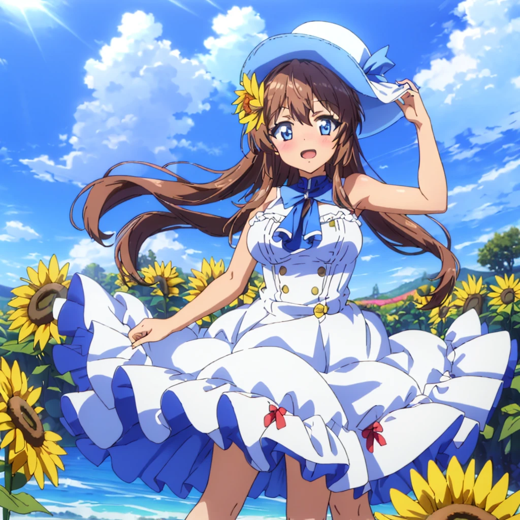 (best quality),(masterpiece),(ultra detailed),(highres),production art,1girl, solo, dress, hat, suomi (girls' frontline), blue eyes, brown hair, long hair, flower, sky, white dress, hair ornament, blue sky, cloud, breasts, bangs, outdoors, blush, sunflower, looking at viewer, day, frills, sun hat, sleeveless dress, ribbon, water drop, wind, hand on headwear, medium breasts, frilled dress, sleeveless, bare shoulders, bow,  username, arm up, open mouth, standing,