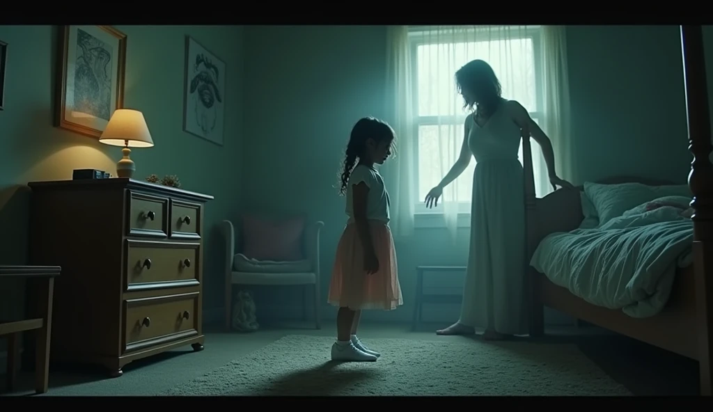A sexy screaming shrunken woman with her eyes closed standing on a giant woman's hand. In a bedroom