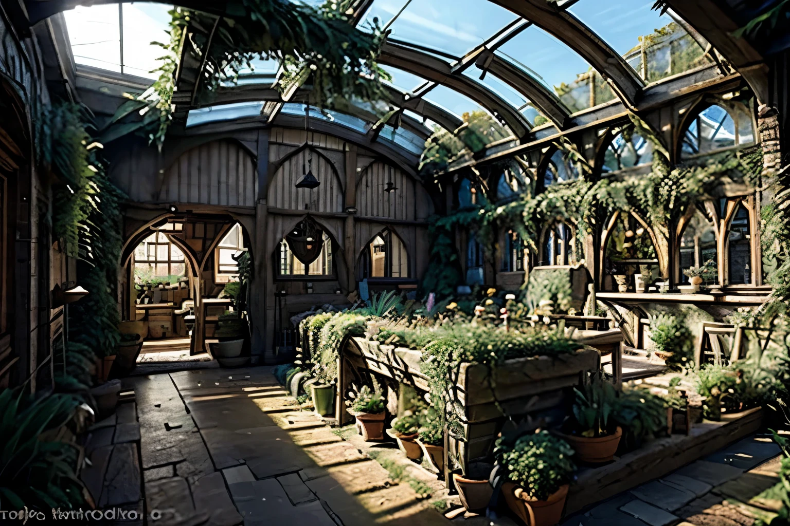 A medieval greenhouse // interior // full of plants // lush // daylight