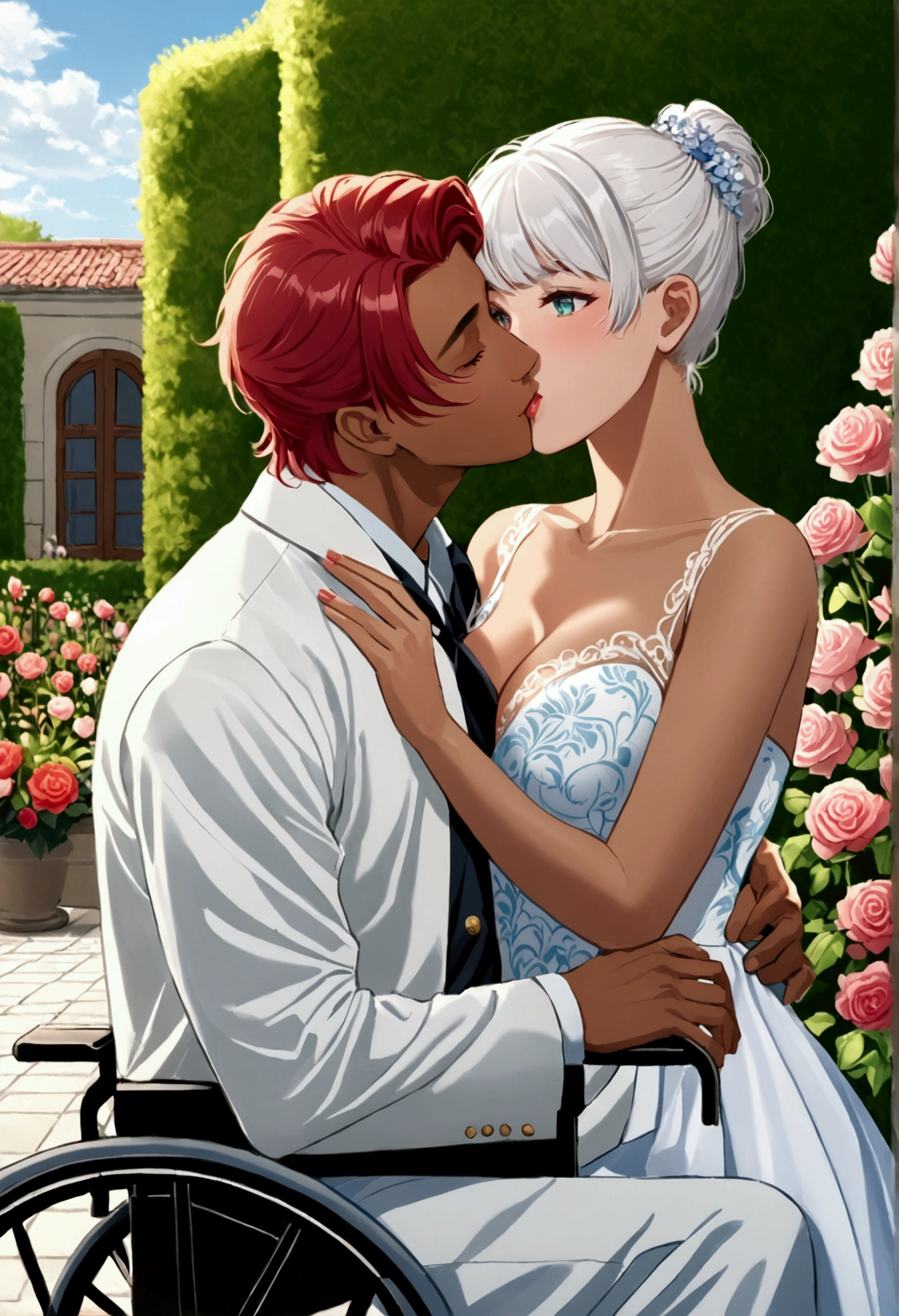 Woman in a wheelchair with short red hair and green eyes kissing a muscular Brazilian boy with short white hair and blue eyes and tanned skin, A couple kissing, mansion backyard, Flower garden, boyfriends, Kisses, romantic moment.