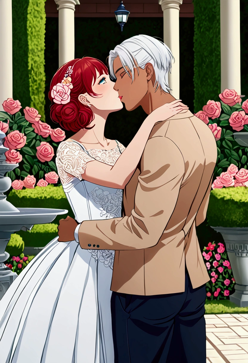 Woman in a wheelchair with short red hair and green eyes kissing a muscular Brazilian boy with short white hair and blue eyes and tanned skin, A couple kissing, mansion backyard, Flower garden, boyfriends, Kisses, romantic moment.