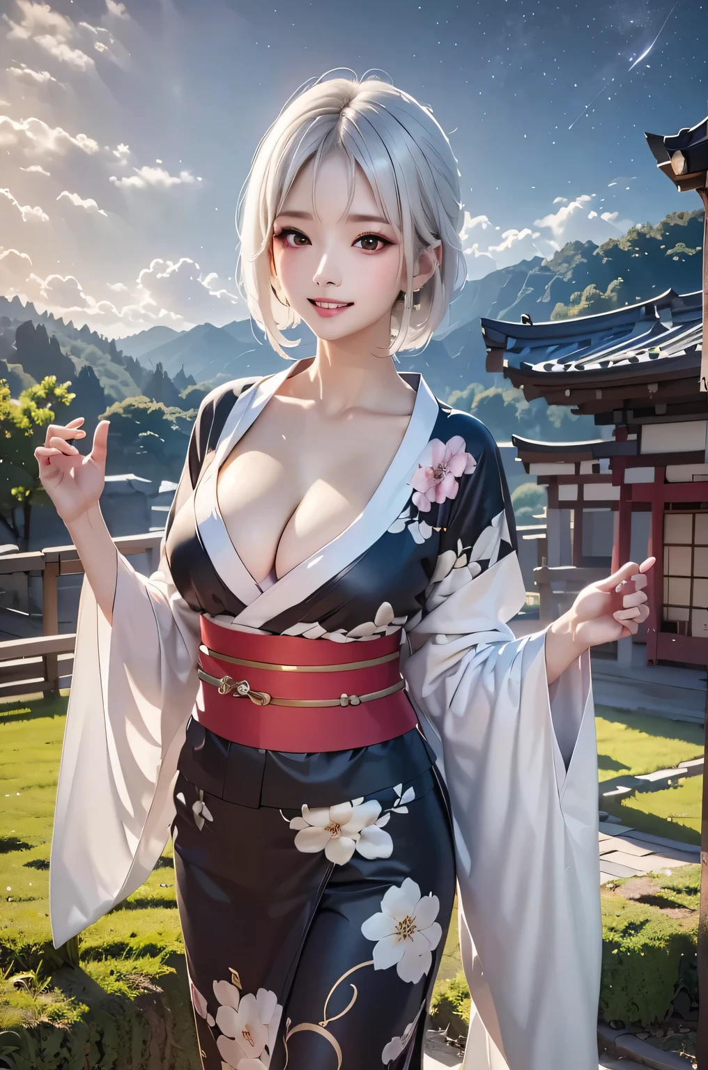 masterpiece, best quality, highly detailed, 1girl, white hair, face: sweet girl, laugh kimono, black kimono, Casual Kimono Style, Sturdy collar、Matte texture clothing. look up at the night sky. Bright and soft impression、It catches your eye.、A tranquil atmosphere、cleavage, outdoors, from her front
