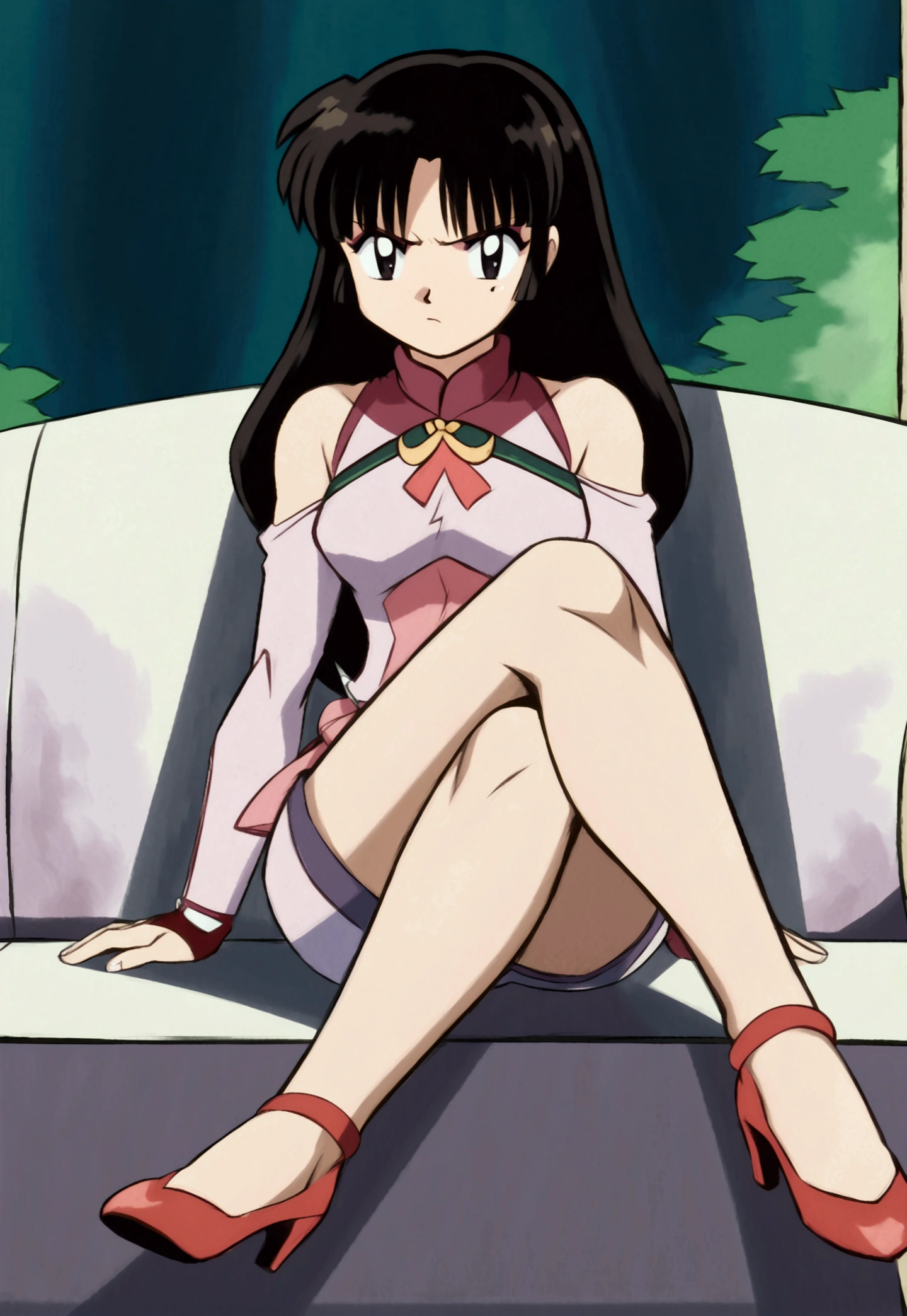 Sango-inutasha, long hair, black hair, bob cut, black eyes, 1 girl, alone, bare shoulders, Strapless, medium chest, Pink shirt, pink miniskirt, sitting on a sofa, full body, bare legs with red heels, crossed legs ,serious girl