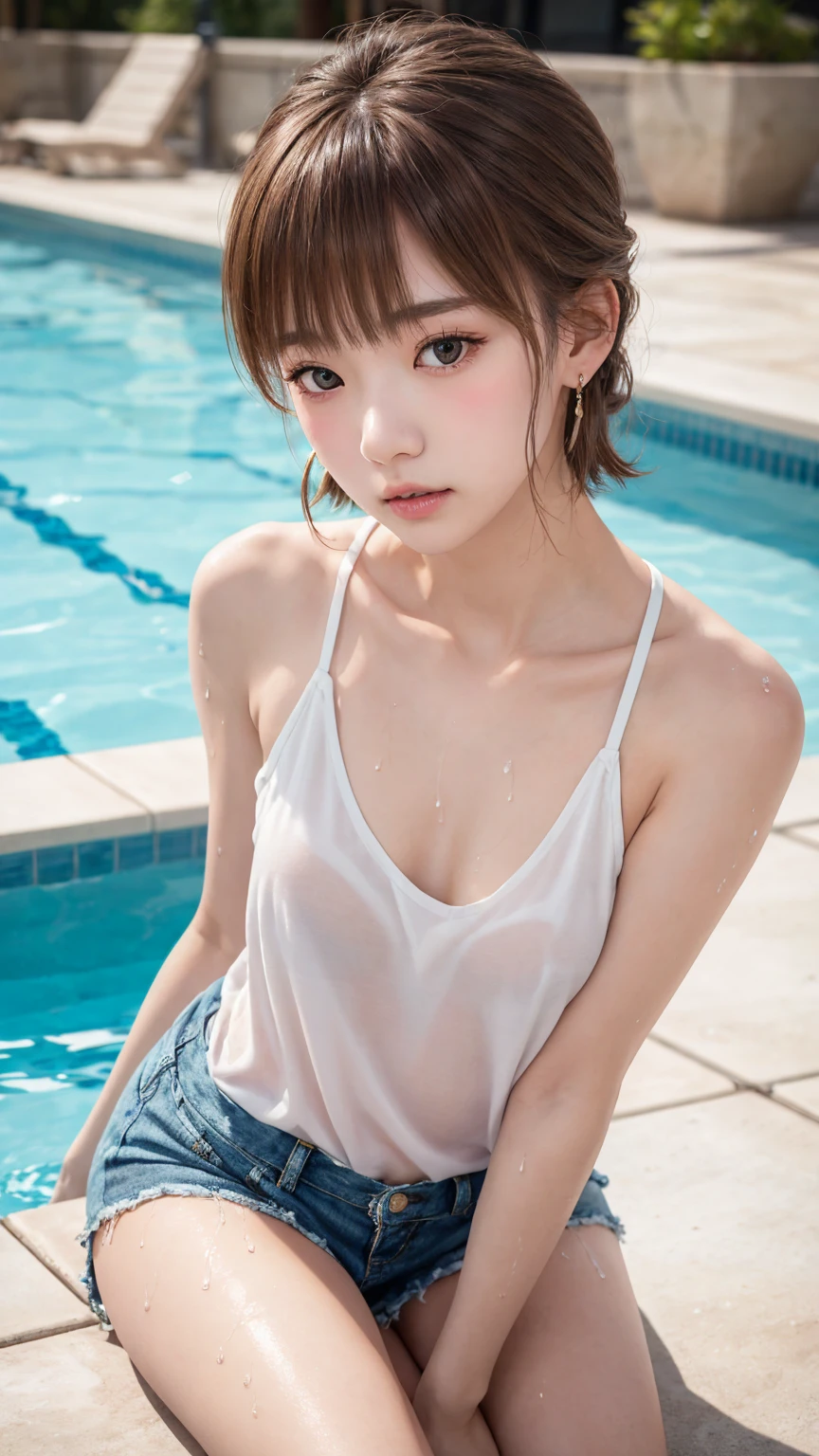 、High resolution、超High resolution、photograph、Japanese Women、Staring provocatively at each other、cute、Age 25、、Highly detailed skin、Japanese、、、Beautiful Face、Gazing Eyes、Transparency、Even skin、細部まではっきりとDescription、Natural skin correction、、Description、Beautiful thighs、、Small face、A loose sleeveless dress、Beautiful clavicle、Poolside、Put your legs in the pool、Wet clothes、Slender、、Short Hair、Updo、accessories(Earrings)、Cute shorts