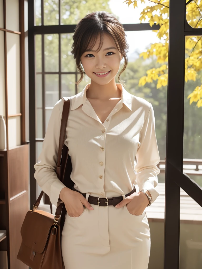 Cowboy Shot, (Mid-autumn Trip), 
break, 
((Office casual style outfit:1.2)), ((Carry bag:1.2)), 
break, 
View your viewers, Japanese female university student, (One Woman:1.2), She is very beautiful, Glowing Skin, Perfect Face, Cute and symmetrical face, 
break, 
Light Brown Hair, Medium Hair, Wavy Hair, Hair tied up, Makeup, 
break, 
(Japanese hot spring town:1.2), Standing, (Cute smile), (8k, RAW Photos, Best Quality, masterpiece:1.2), (Realistic, Photorealistic:1.4), Very detailed, Shallow depth of field, Beautiful Hair, Beautiful Face, Beautiful attention to detail, Realisticな肌質, Beautiful fingers, Perfect Anatomy, Perfect legs, Perfect hands, Perfect Eyes, Perfect body, smile, Double eyelids, (Natural Side Lighting, Cinema Lighting), 