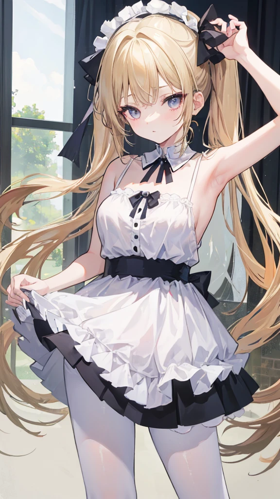 KirimaSharo, KirimaSharo, (Highest quality:1.2), Ultra-high resolution, (Hard Light:0.5), Sharo Gochiusa, 8k, Absurd, anime, bangs, blunt bangs, (Blue eyes:1.1), Blonde, smile, break looking at viewer, (Cowboy Shot:1.5), break (masterpiece:1.2), unity 8k wallpaper, (figure:0.8), (Beautiful attention to detail:1.6), Highly detailed face, Perfect lighting, Highly detailed CG, (Perfect hands, Perfect Anatomy), (3D Face:1.1), (Shiny skin:1.5), (Ultra-high resolution intricate face details), (Facial skin pores:1.3), Ultra-high resolution cloth texture, 大きなsmile, Blushing, Open your mouth, Showing off her perfect legs, armpit:1.6, arms behind back, One girl, alone, Gothic Maid:1.5