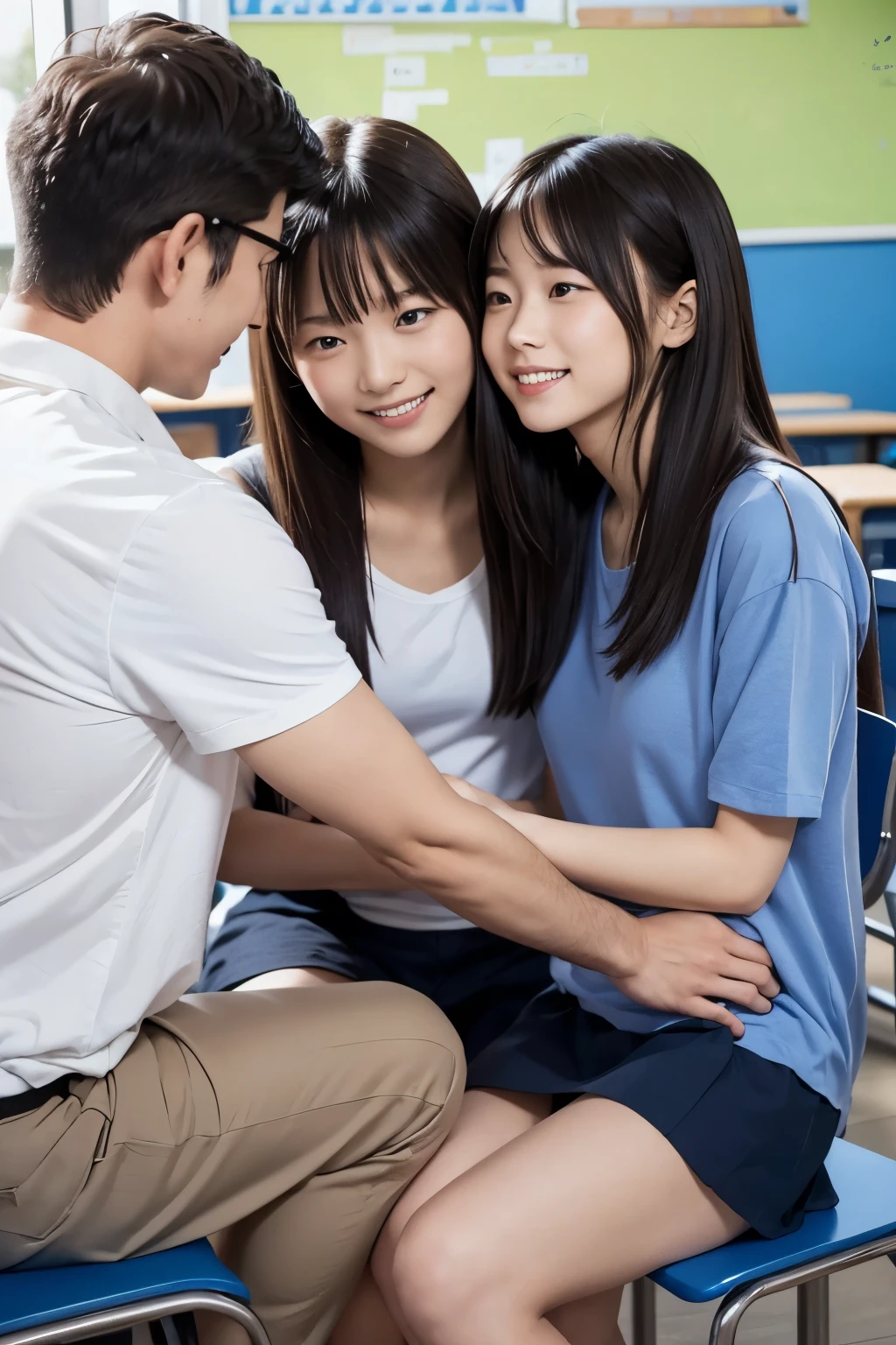 Around ,A male and female couple embrace each other in a face-to-face sitting position in a summer school classroom,She has had sex before and looks relaxed