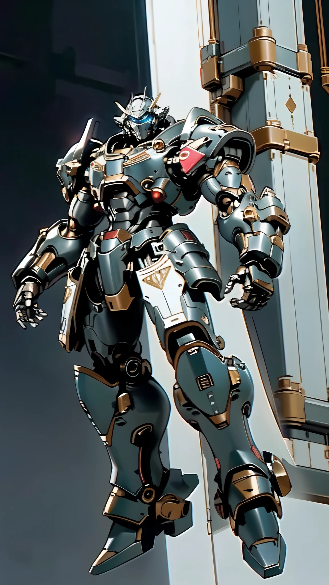 (masterpiece:1.5, best quality:1.5, extremely delicate:1.5), (male:1.5), humanoid Mecha, fully enclosed shoulder guards, matching arm and leg guards, full body, full armor, the design balances heavy with agility, (the color scheme is primarily White with Blue and Red accents, the concept Inspired by Heavy Robot, HRS), organic biotech armor, standing, floating high above the futuristic sci-fi city, exquisite and mature art style, (aura effect, glowing eyes, the armor glows), metallic, dramatic, high definition, highres, ultra-detailed, ultra-fine painting, professional, perfect body proportions, anatomically correct, symmetrical face, extremely detailed eyes and face, high quality eyes, creativity, RAW photo, UHD, 32k, Natural light, cinematic lighting, masterpiece-anatomy-perfect