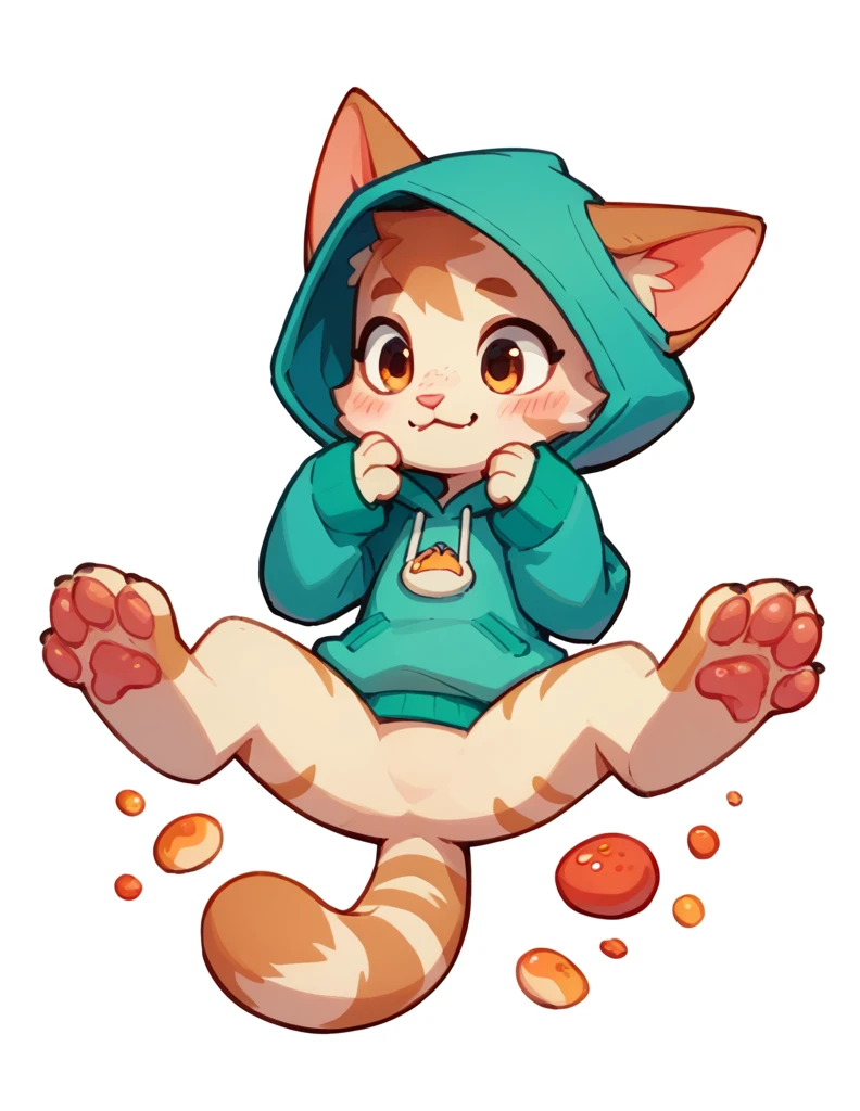 The Q version of the cute furry cat, spreading legs, showing paws, showing beans, blushed, beatiful feet, hoodie, paws, beans, white background 