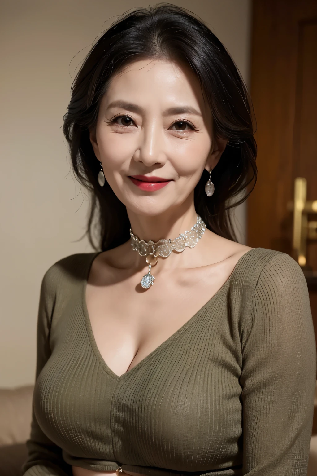  high image quality,8K images,  beautiful mature woman 、Beauty、 tight waist、 necklace、 Super Huge Boobs 、 cleavage、(((off-the-shoulder knitwear)))