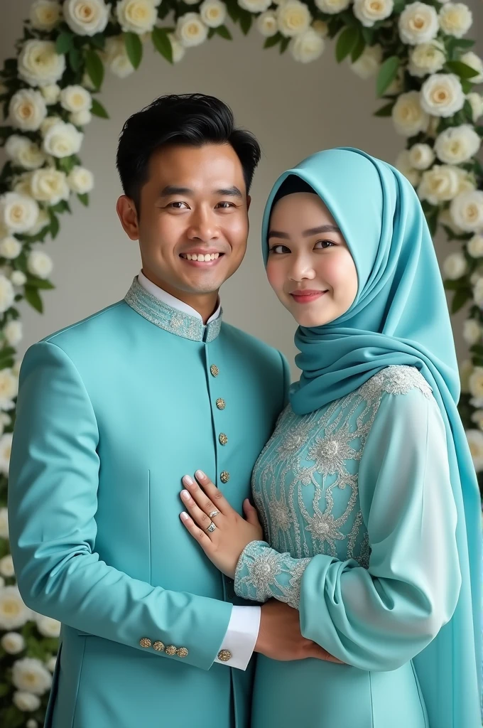 potret indonesia, pipi tembem, istri memakai gaun pengantin warna biru berhijab syar'i, memegang buket bunga mawar, latar halaman dengan dekorasi bunga yang indah dan gedung, photography, HDR, 100k