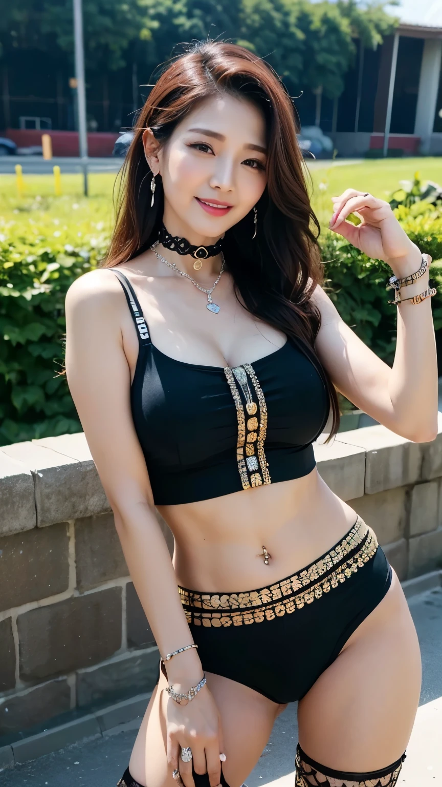 A belly dancer girl dancing on street, cleavage, colossal tits, beautiful face, bracelets, necklace, crowded background, 8k, insane details, colossal tits:1.2, golden long hair, (smiling:0.7), ultra high resolution, sharp, intricate, professional photograph, sfw