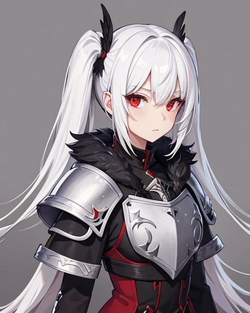 Fantasy character, white hair, twin tails, red eyes, black armor, feathered collar