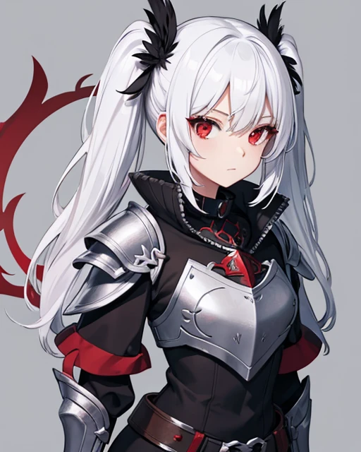 Fantasy character, white hair, twin tails, red eyes, black armor, feathered collar