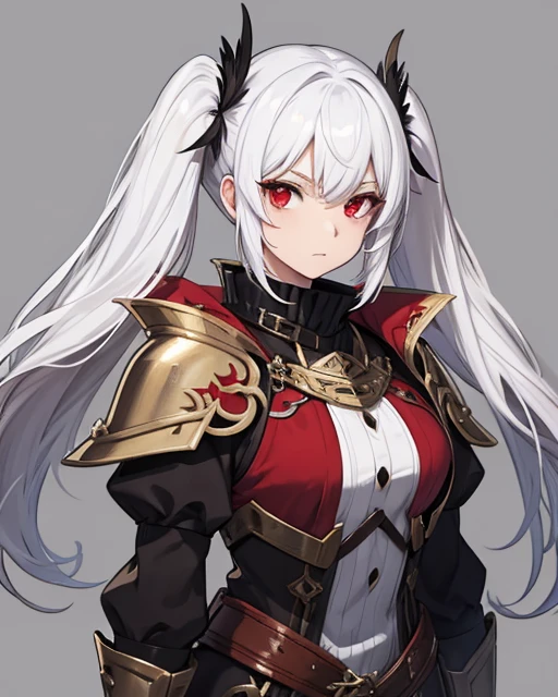 Fantasy character, white hair, twin tails, red eyes, black armor, feathered collar