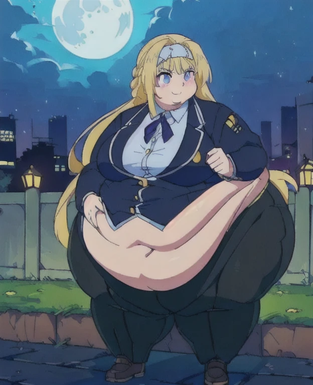 [himiko toga], [Boku no hero academia], ((masterpiece)), ((HD)), ((high res)), ((solo portrait)), ((front view)), ((full body)), ((anime)), ((detailed shading)), ((detailed shadoweautiful render art)), ((intricate details)), {toga, (slim figure), (blonde hair), cute yellow eyes, (glowing eyes), short eyelasheeautiful leglood on face), (blushing), (excited smile), (sharp white teeth)}, {(beige long sleeve shirt), (blue collar), (red tie), (blue skirt), (black knee-high sockrown loafers)}, {(sitting on bench), (crossed legs), (looking at viewer)}, [Background; (park), (trees), (nighttime), (starry sky), (full moon), (ambient lighting)] bbw, plump, large belly, large breasts, large thighs, love handles, wide hips, weight gain