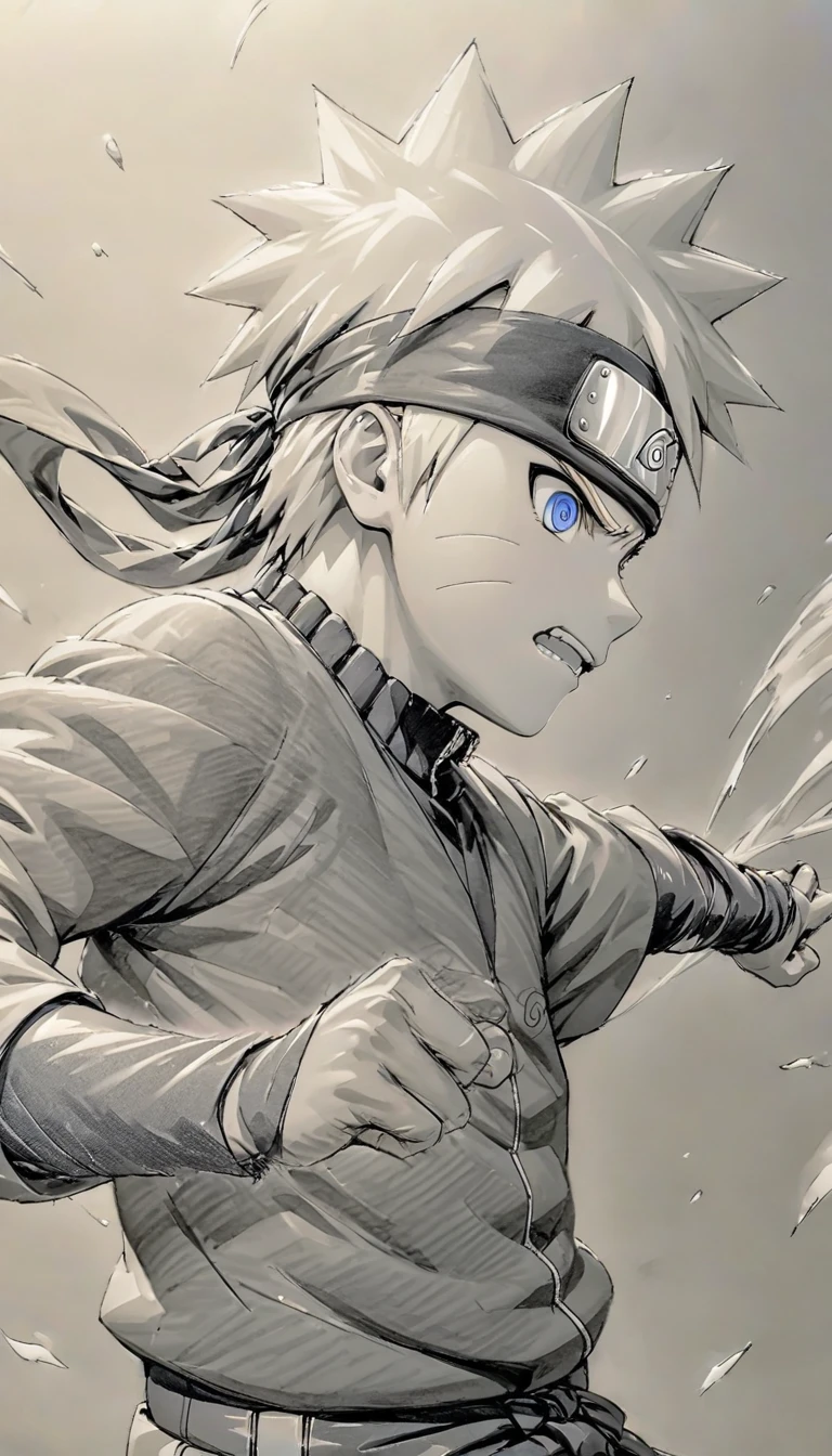 monochrome, pencil drawing, Ninja Naruto, blonde, action effects, BREAK ultra detailed, absolutely resolution, best quality