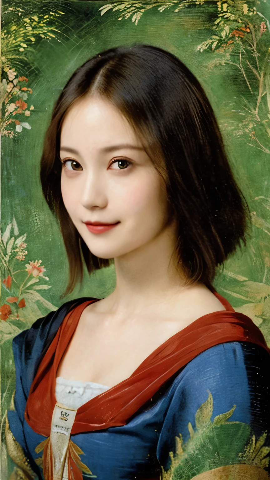 290 (20-year-old woman,Short Hair) , (A kind smile) , (palace), (colorful), (Leonardo da Vinci paintings), flower, mechanical background
