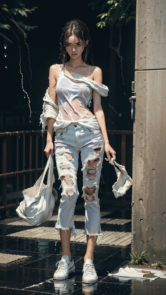 best image quality, masterpiece, super high resolution, (fidelity:1.4), photo, 1 girl, white shirt, torn jeans, white sneakers, dim, darkness, despair, pity, poor, movie, tears, teardrops, (torn clothes:1.5), (wet clothes:1.4), bare shoulders, real rain, wet hair,..