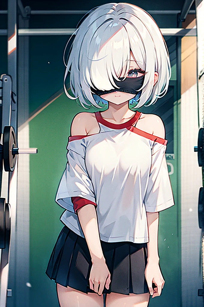 masterpiece, best quality, high resolution, absurdres,
hair over eyes, hair over one eye, oversized shirt, shirt, off shoulder, cute, skirt, gym, white hair, short hair , 1 girl