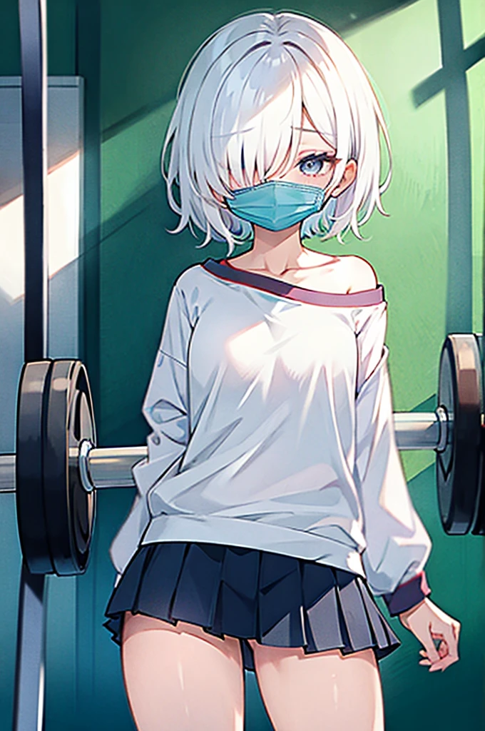 masterpiece, best quality, high resolution, absurdres,
hair over eyes, hair over one eye, oversized shirt, shirt, off shoulder, cute, skirt, gym, white hair, short hair , 1 girl