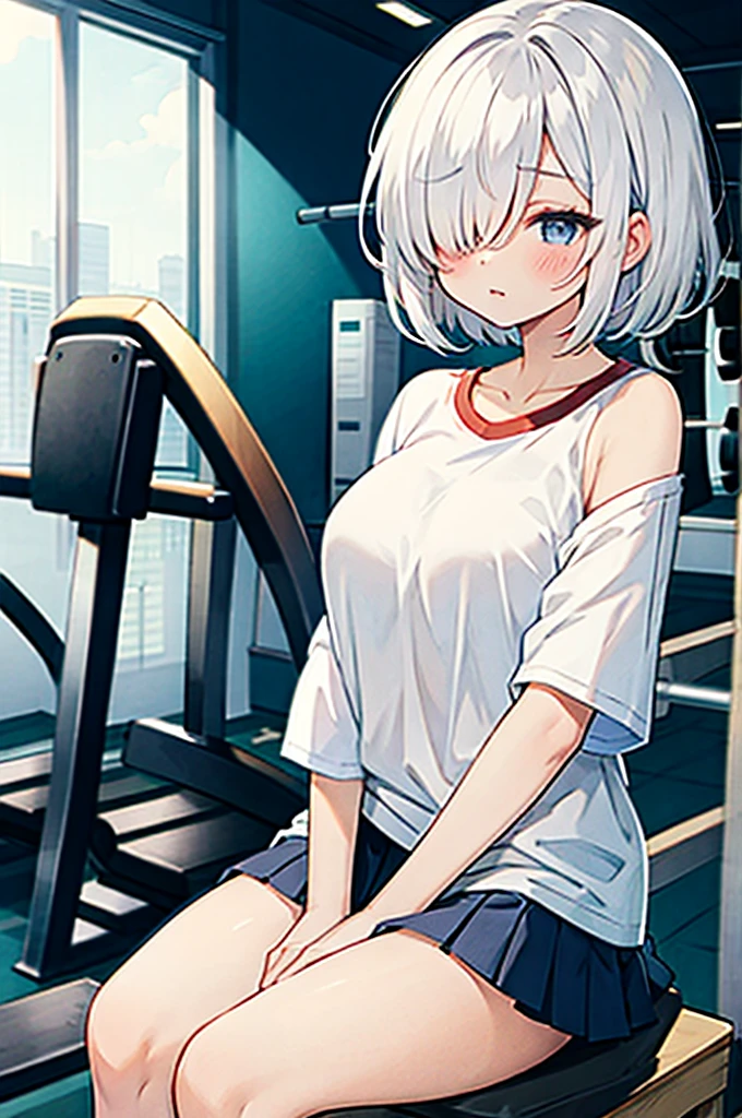 masterpiece, best quality, high resolution, absurdres,
hair over eyes, hair over one eye, oversized shirt, shirt, off shoulder, cute, skirt, gym, white hair, short hair , 1 girl