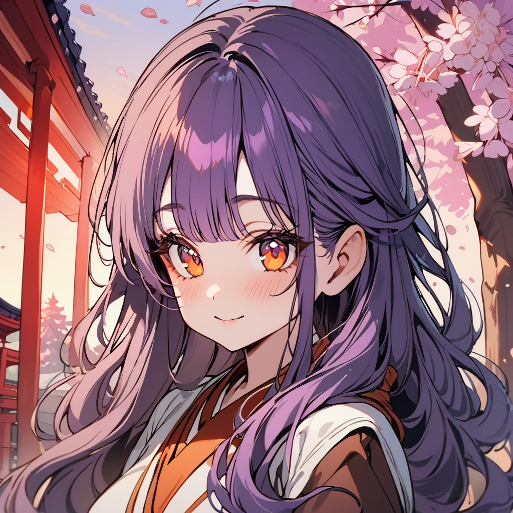 
((masterpiece)), ((best quality)), 1girl, solo, beautiful anime girl, purple hair, orange eyes, violet hair, amber eyes, gentle smile, big round eyes, long eyelashes, beautiful features, feminine, bangs, cherry blossom trees in background, dark purple hair, bright orange eyes, wavy hair, extremely long hair