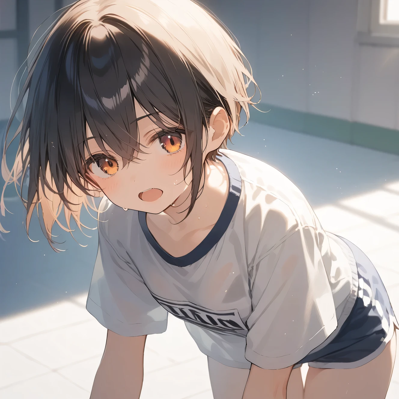 (((((whole body)))))、Youmu, Very cute gym clothes 、smile,、Cowboy Shot、Sitting on the floor、With legs apart、Both hands on the floor、Simple Background、