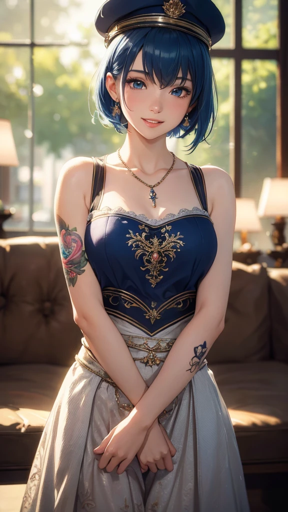 masterpiece, best quality, high quality, Very detailed CG uniform 8k wallpaper, 1 girl, alone, blue hair, tattoo, short hair, have, jewelry, Smile, necklace, looking at the audience, have, actual, open mouth, teeth, Upper body, Vest, nose, bare shoulders, artist name, black headdress, clavicle, arm tattoo, blue eyes, lips, Vague, painting, Award-winning photography, Bokeh, depth of field, high dynamic range, bloom, Color difference, realism, Very detailed, artstation intricate, high detail, dramatic, midway art