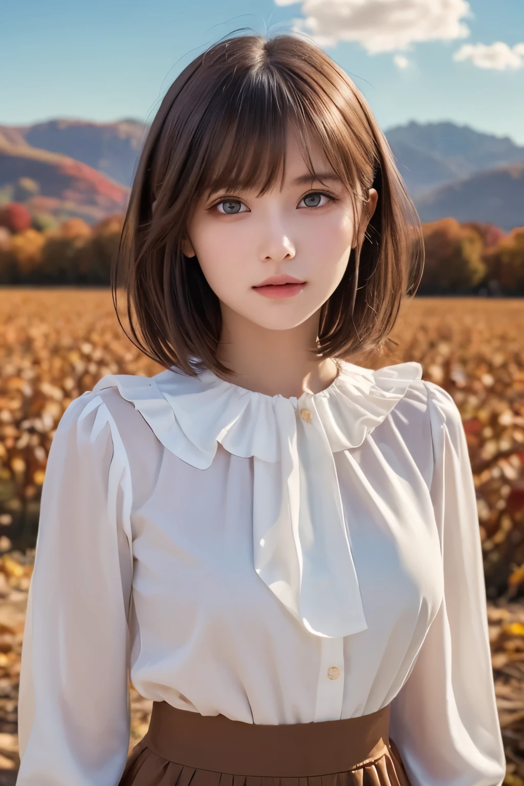 1girl, (a beauty girl, delicate girl, beautiful girl:1.3), (****:1.3),
break, (cute fashion, long sleeve, ruffle blouse:1.3), (skirt, cowboy shot),
break, (autumn sky, beautiful scenery background:1.2),
break, very fine eyes, (symmetrical eyes:1.3),
break, (flat breasts:0.5), (round face, baby face), (brown eyes), parted bangs, (light brown hair, short hair:1.2),
break, (eyes and faces with detailed:1.0),
break, (masterpiece, best quality, ultra detailed, detailed face, 8k)