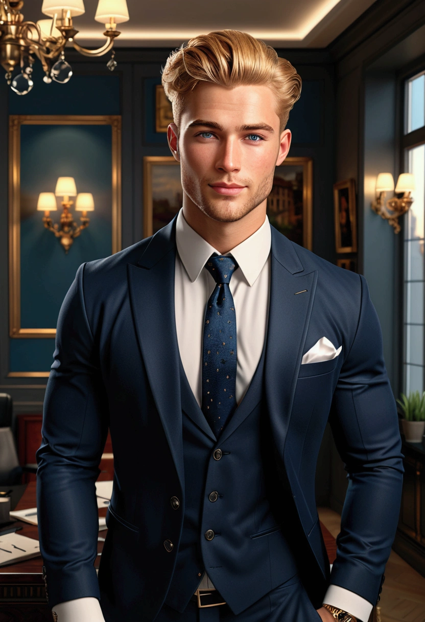 Handsome young man with golden blonde hair, (looks like Henry Calvin) bright intense grey eyes, detailed face with shaved beard, blushing cheeks, extremely realistic and detailed face, freckles on his cheeks, has a big charming smile on his face, elegant, sexy, muscular man, with classy pose, he is dressed in a stylish suit (black jacket, white shirt and dark blue tie), in the background a modern elegant office with big windows, cinematic lighting, dramatic lighting, soft lighting, baroque style, romantic, ornate, intricate details, masterpiece, (best quality, 4k, 8k, high resolution, masterpiece:1.2), ultra detailed, (realistic, photorealistic, photorealistic:1.37), vibrant colors, dark tones, warm lighting