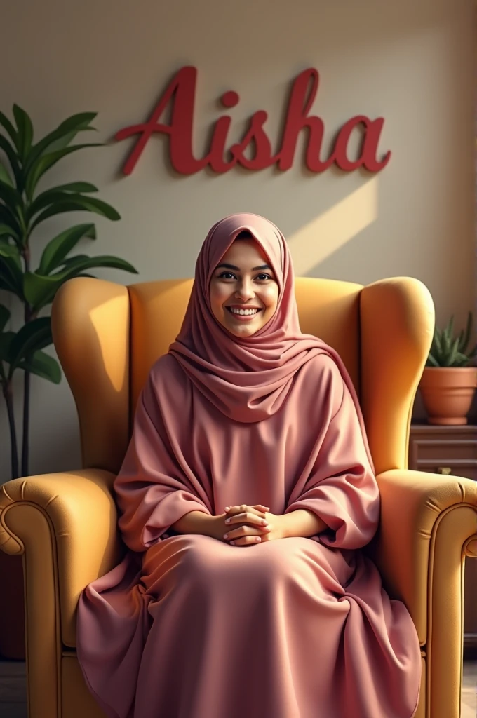 beautiful happy muslim woman sitting in a big chair and behind the wall written "Amreen"
