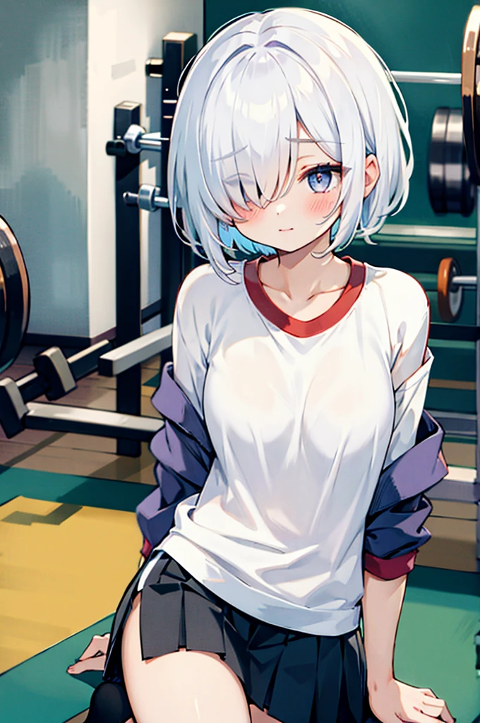 masterpiece, best quality, high resolution, absurdres,
hair over eyes, hair over one eye, oversized shirt, shirt, off shoulder, cute, skirt, gym, white hair, short hair , 1 girl