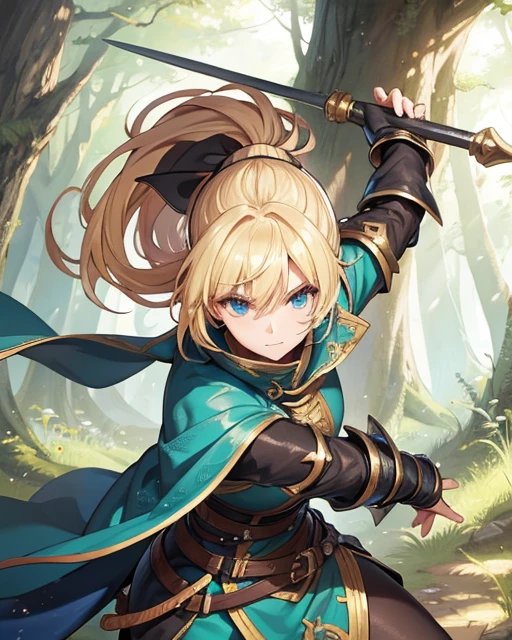 Fantasy character, knight, blonde hair, pony tail, forest background, dynamic pose