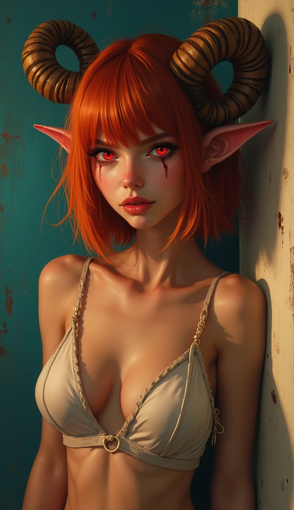 masterpiece, Highest quality, One girl, Giant Tall h○rns, l○ungewear, sh○rt hair, Ruby Eyes, c○pper hair, :○, Sunburn, tw○-t○ne backgr○und, fantasy ○f terr○r