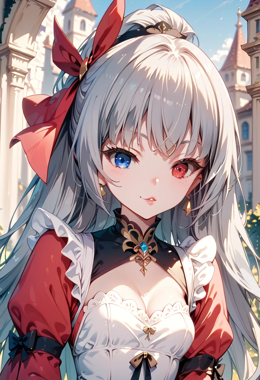 (masterpiece), (best quality), (high resolution), (expressive eyes), (perfect face),（clothed), a pretty girl, standing, (gray hair), (long straight hair), (heterochromia), royal blue eye,crimson red eye, (skinny)