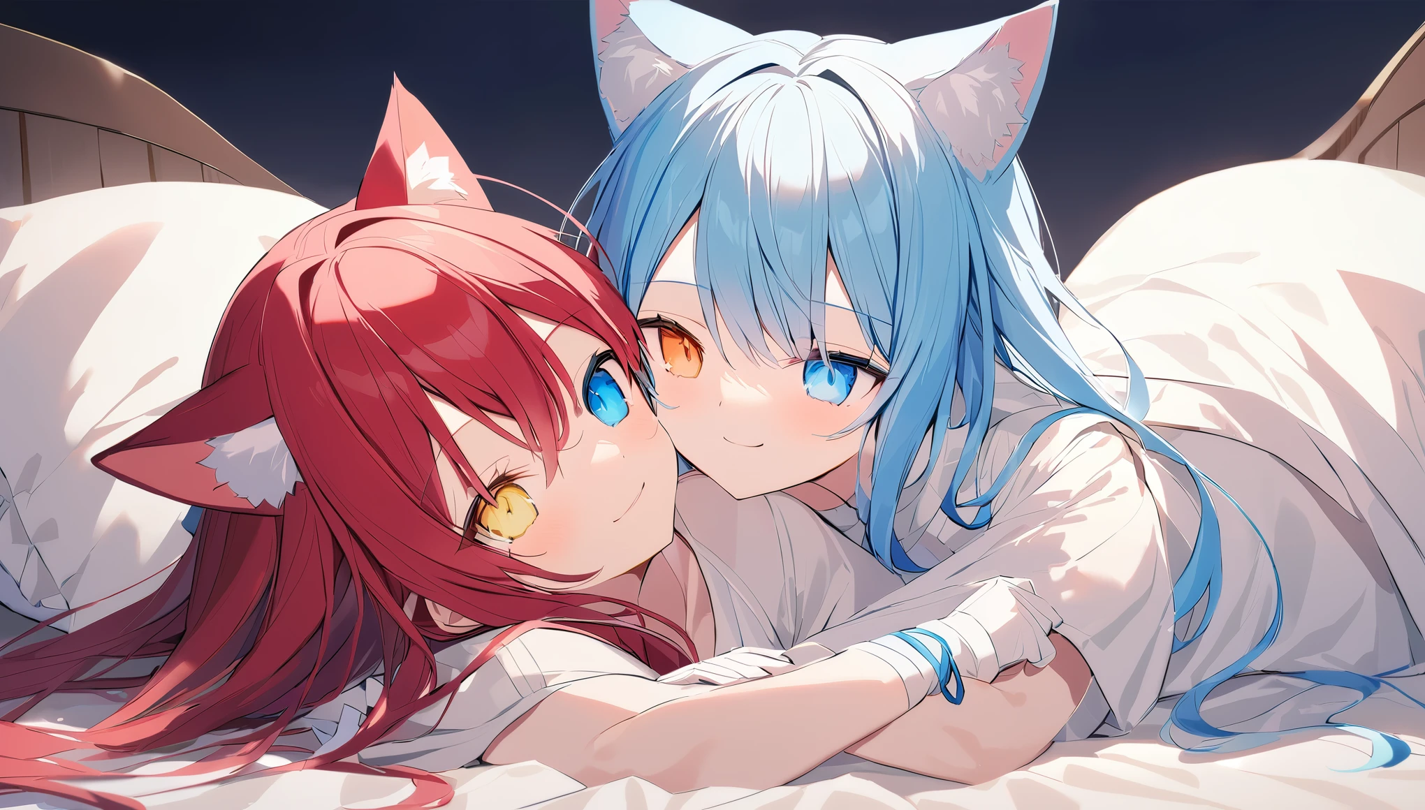 NSFW,((one male individual、two female,Having sex)), selfee,taking,show off nipple,Light blue hair,Light pink hairstyle,Cat ears,Pink eyes,Light blue Lolita,white sock,pink bows,Smile with open mouth,Top image quality,Best Quality