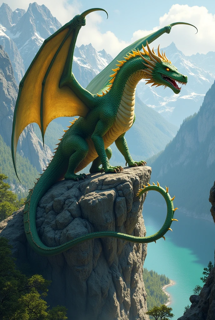 Dragon with wings on top of a cliff, color verde, fuego, llamas, lanzando llamas en la boca (obra maestra), Mejor calidad, high resolution, 4k, 8k, detailed illustration, detalle intrincado, cinematic lighting, amazing quality, Amazing shading, Soft lighting