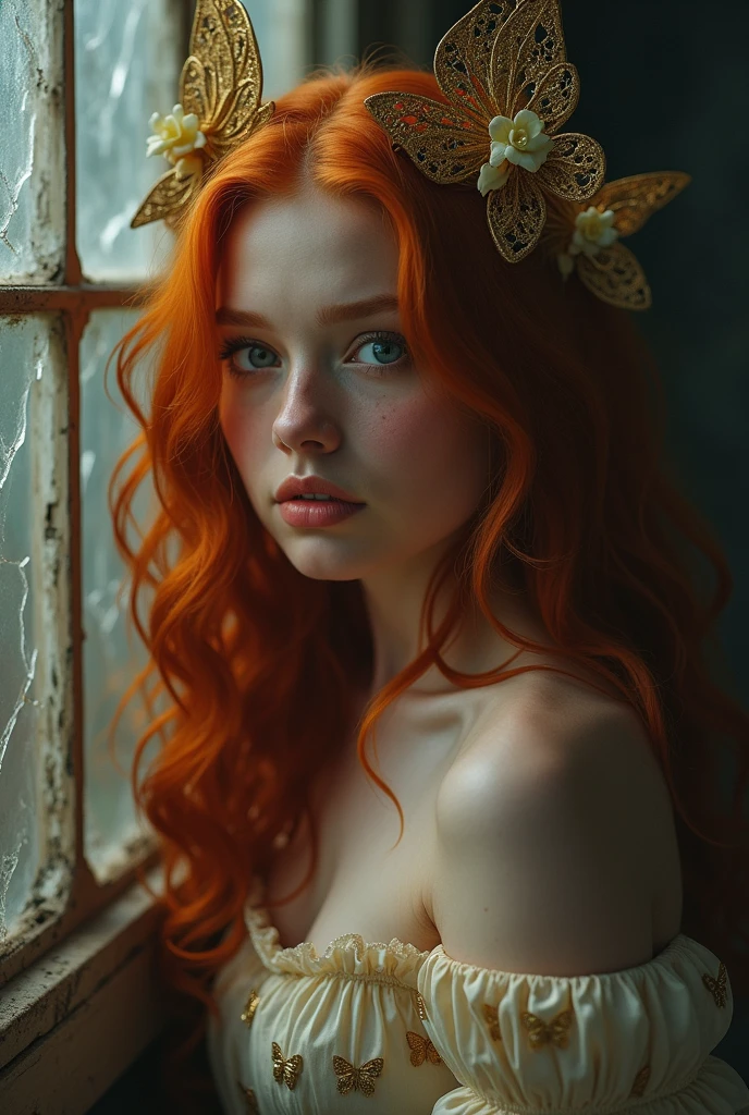 (solo, full body photo:1.3), (action packed:1.3), (haze, fog, mist:1.3), chiaroscuro, best quality, photorealistic, 1woman, (cute), (24yo:1.2), redhead, long ginger hair highly detailed, 1700'S, digital photography, art by artgerm and ruan jia and greg rutkowski surreal painting gold butterfly filigree, broken glass, (masterpiece, sidelighting, finely detailed Fashionable eyes: 1.2) (perfect oval large eyes that gazes at the viewer), beautiful detailed face, blue gorgeous perfect eyes, (blonde hair ponytail), (attractive young woman:1.3), (thick amazing hair), (seductive:1.1), (blushing:1.1)
