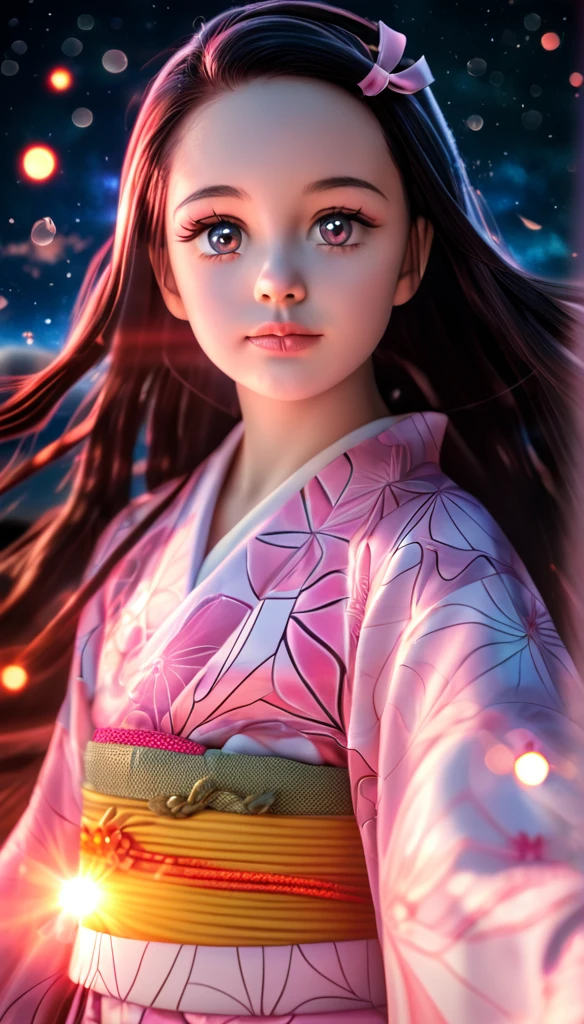 A beautiful young girl with long dark hair, big innocent eyes, delicate face, Nezuko Kamado, pink and white kimono, iridescence, dramatic angle, space, floating colorful sparkles, dramatic lighting, chiaroscuro, evocative depth, best quality, 4k, 8k, highres, masterpiece, ultra-detailed, realistic, photorealistic, photo-realistic, detailed face and eyes, beautiful lips, long eyelashes, soft lighting, warm color tones, intricate details, fantasy, anime style